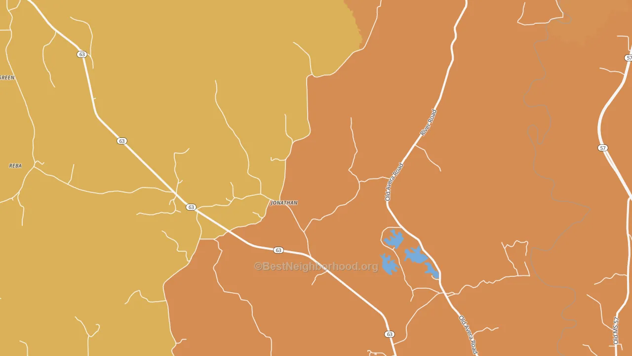 Map of the best neighborhoods in the Jonathan area, with better matches in green and worse matches in red