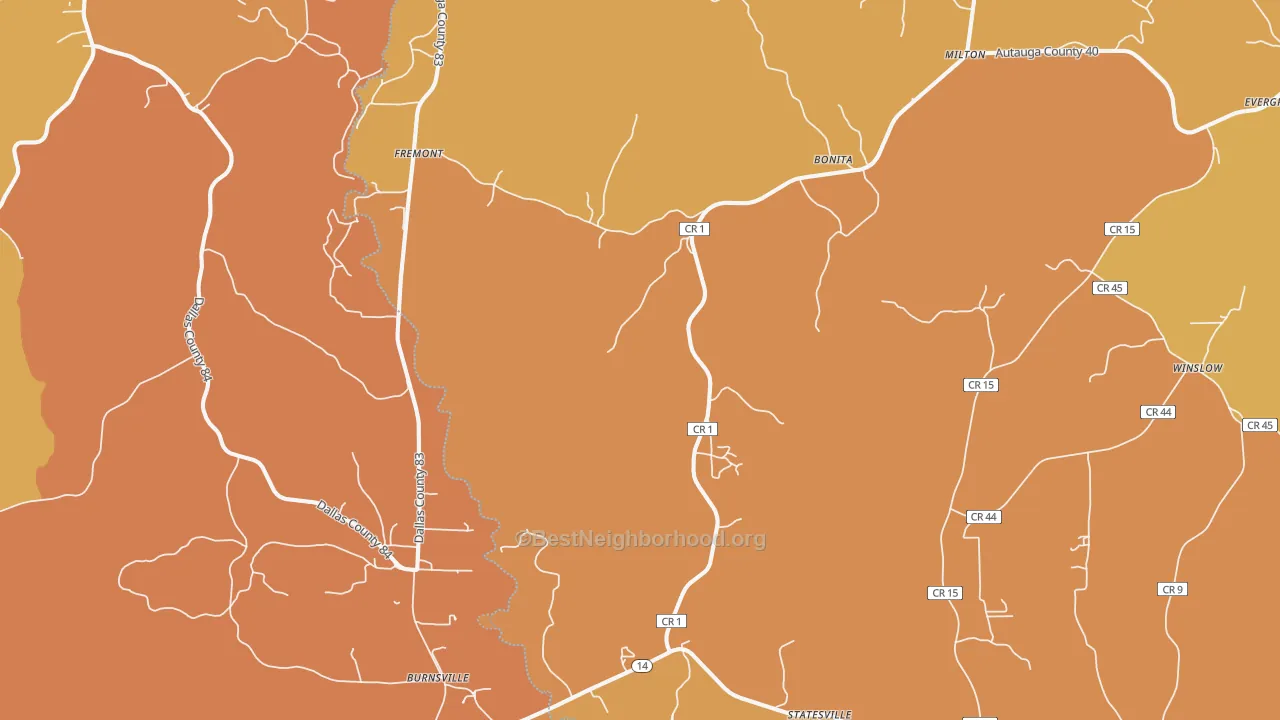 Map of the best neighborhoods in the Jones area, with better matches in green and worse matches in red