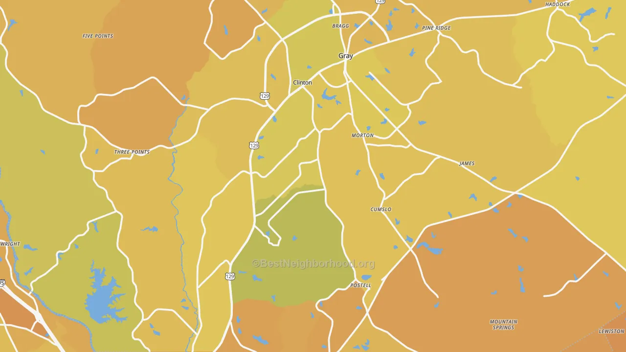 Map of the best neighborhoods in the Jones County area, with better matches in green and worse matches in red