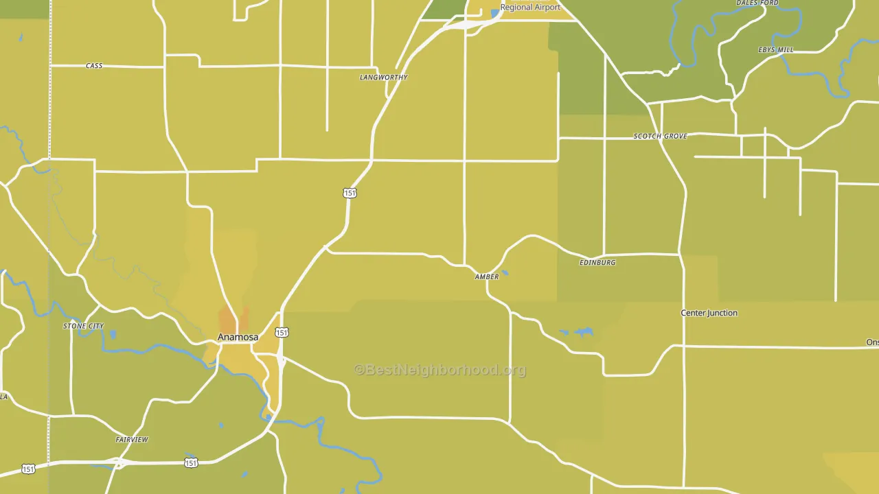 Map of the best neighborhoods in the Jones County area, with better matches in green and worse matches in red