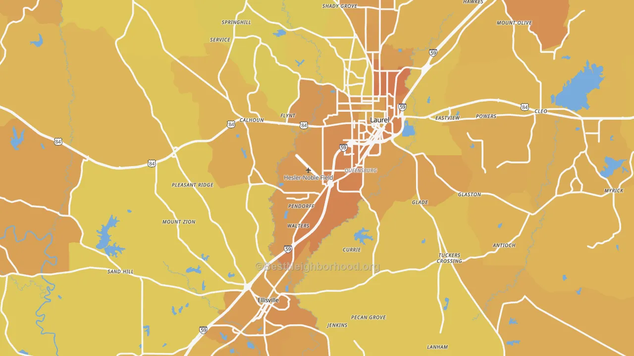 Map of the best neighborhoods in the Jones County area, with better matches in green and worse matches in red