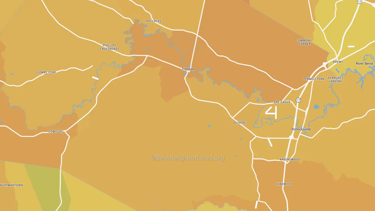 Map of the best neighborhoods in the Jones County area, with better matches in green and worse matches in red