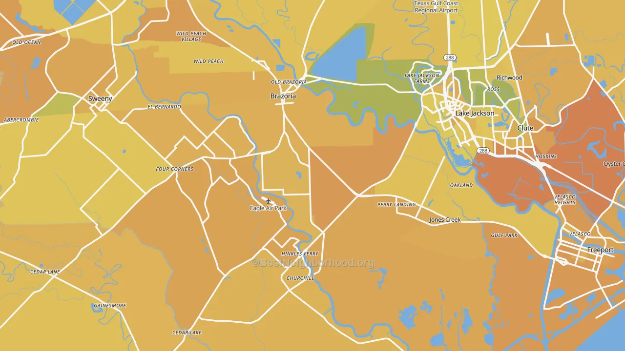 Map of the best neighborhoods in the Jones Creek area, with better matches in green and worse matches in red