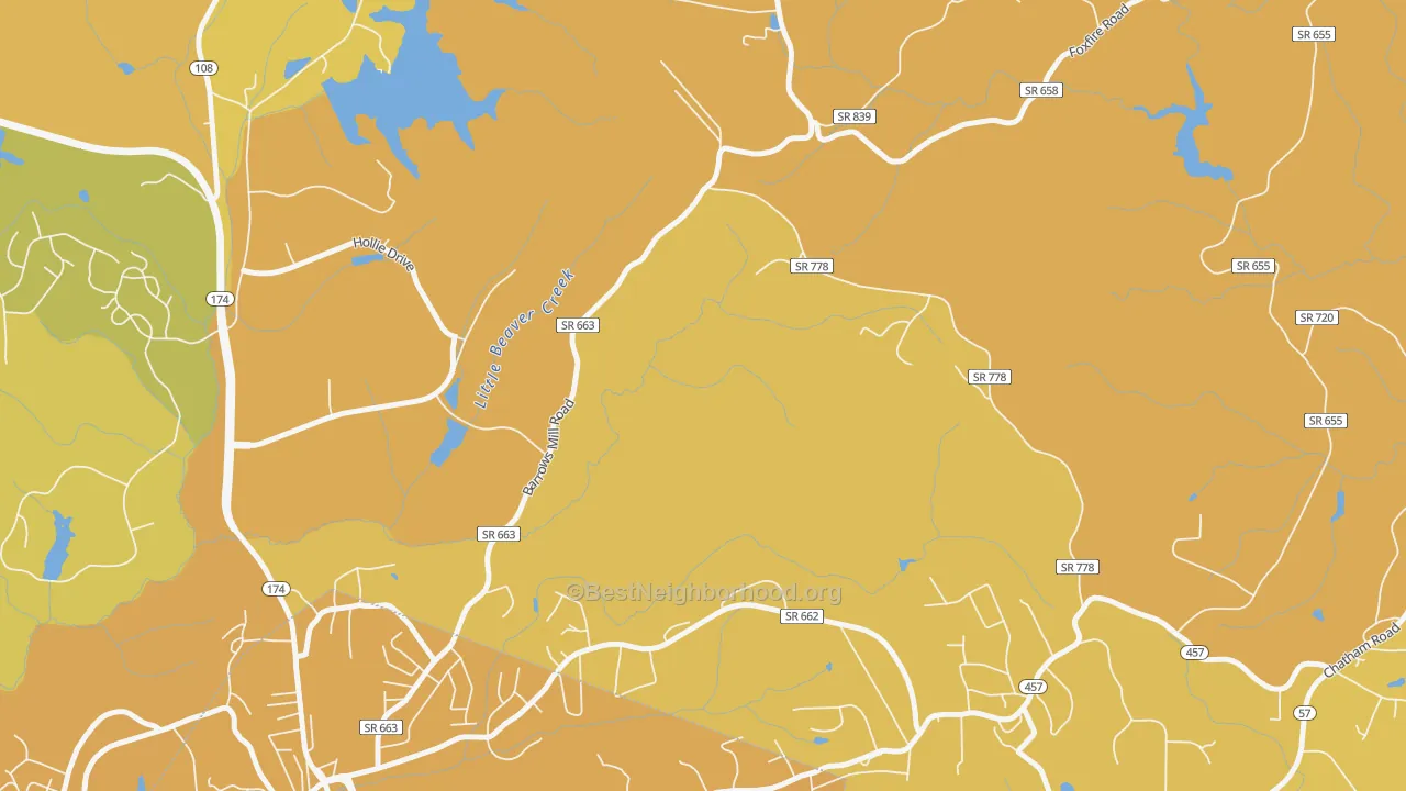 Map of the best neighborhoods in the Jones Creek area, with better matches in green and worse matches in red