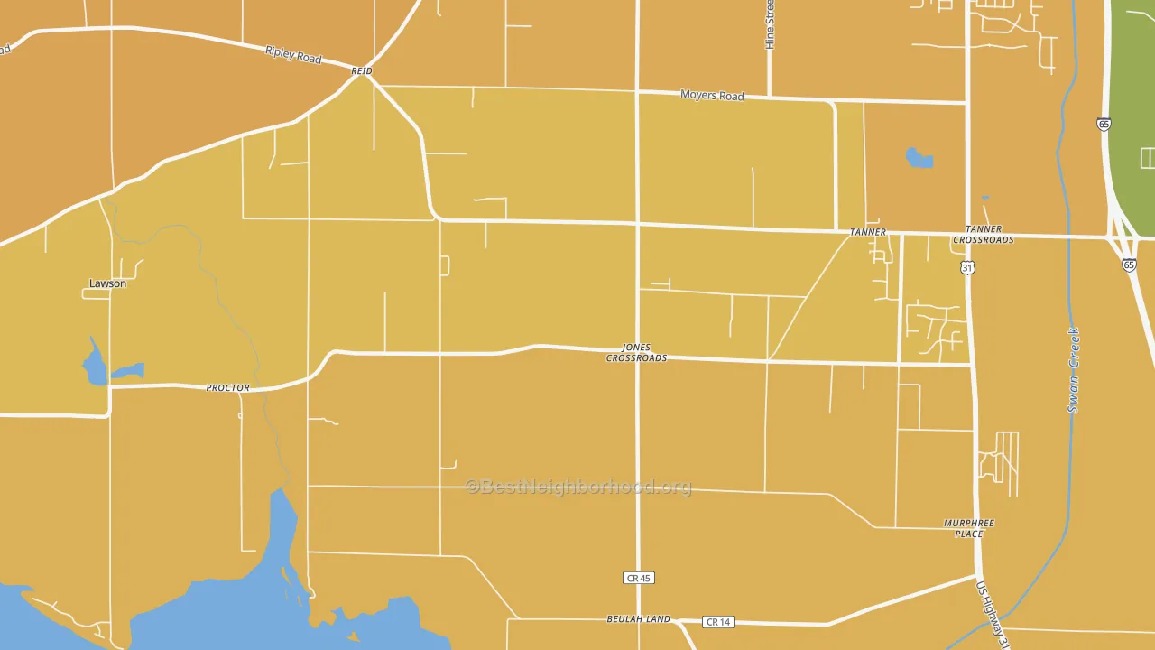Map of the best neighborhoods in the Jones Crossroads area, with better matches in green and worse matches in red