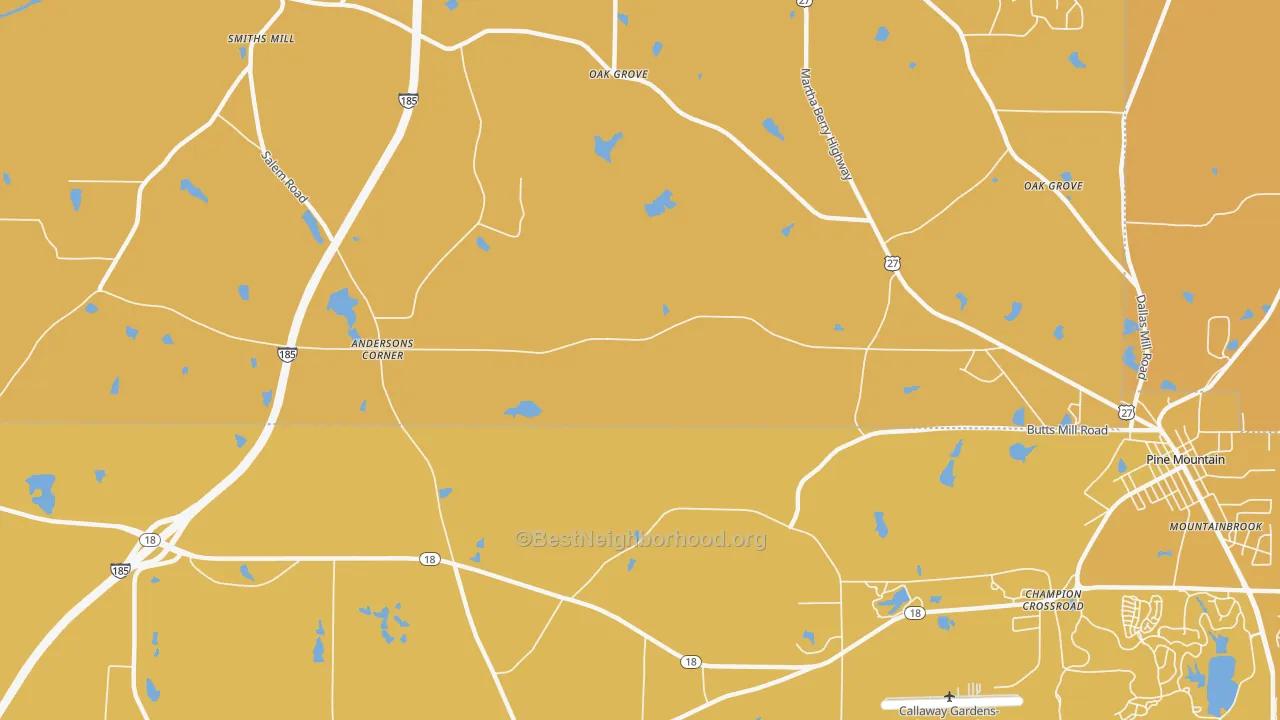 Map of the best neighborhoods in the Jones Crossroads area, with better matches in green and worse matches in red