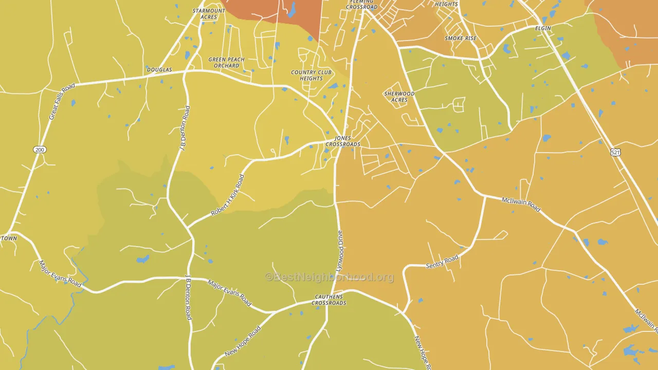 Map of the best neighborhoods in the Jones Crossroads area, with better matches in green and worse matches in red