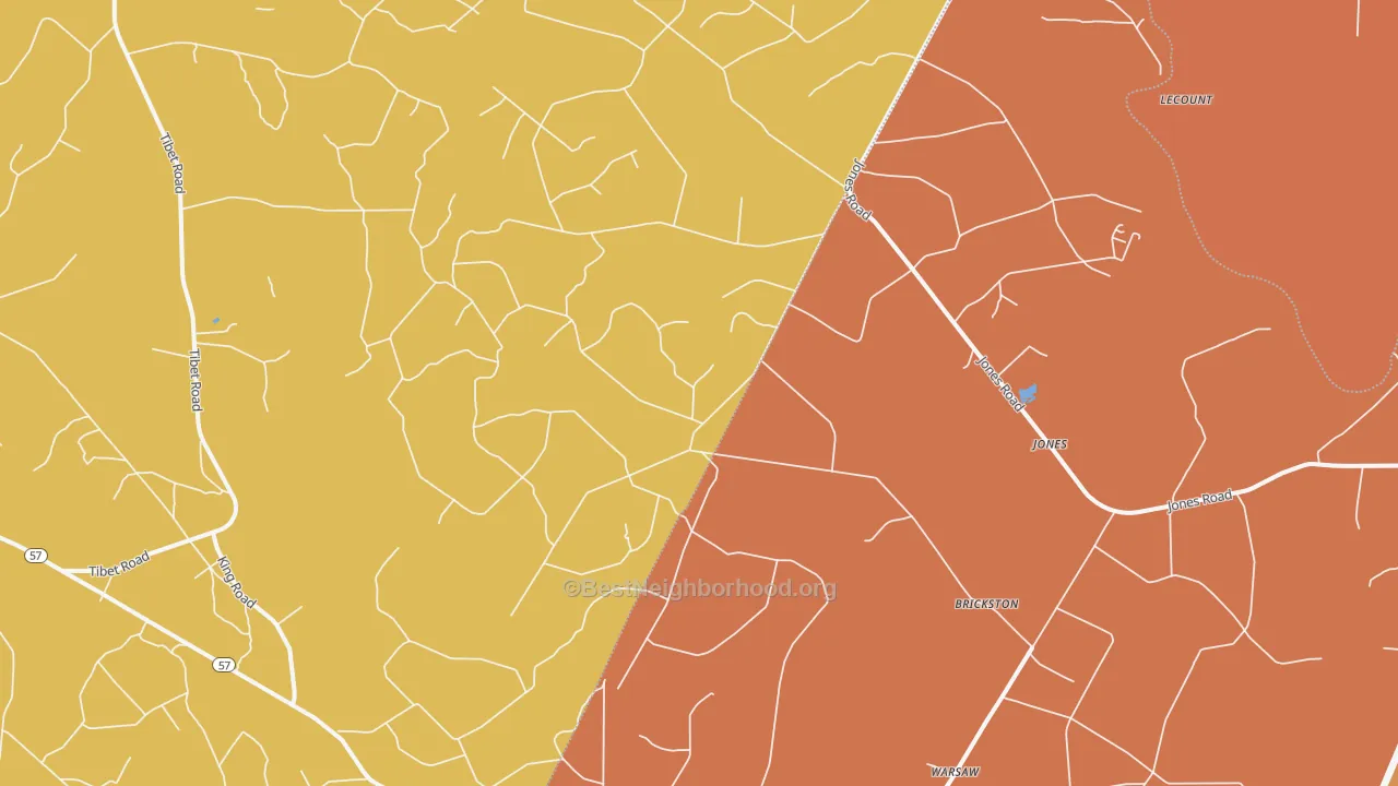 Map of the best neighborhoods in the Jones area, with better matches in green and worse matches in red