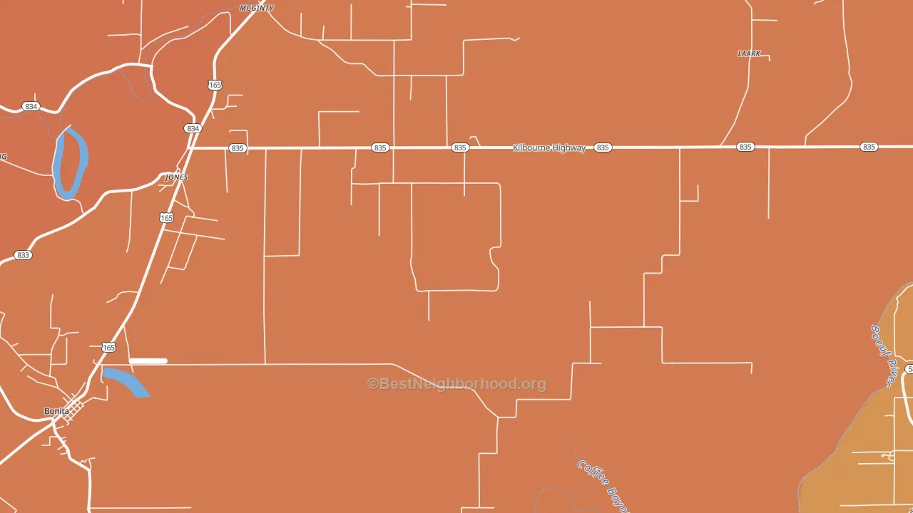 Map of the best neighborhoods in the Jones area, with better matches in green and worse matches in red
