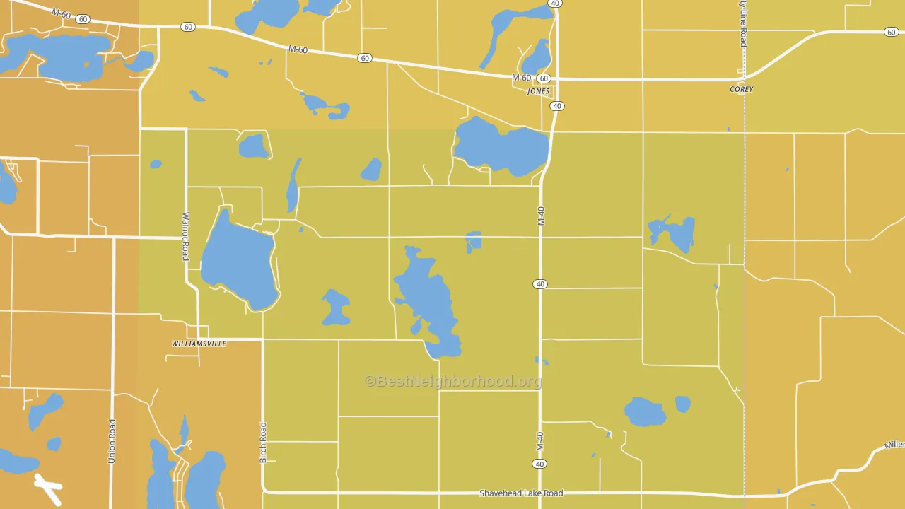 Map of the best neighborhoods in the Jones area, with better matches in green and worse matches in red