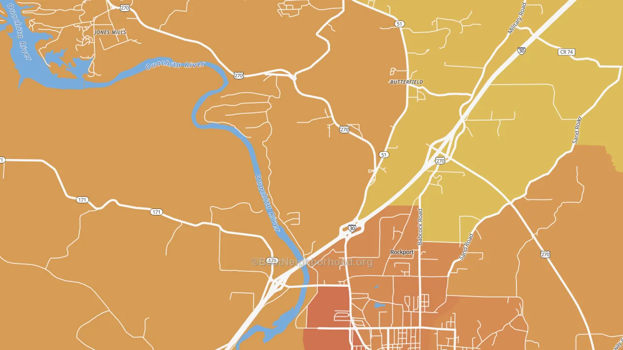 Map of the best neighborhoods in the Jones Mill area, with better matches in green and worse matches in red