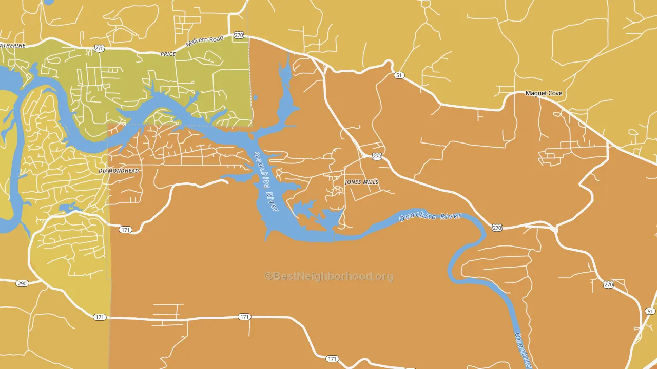 Map of the best neighborhoods in the Jones Mills area, with better matches in green and worse matches in red