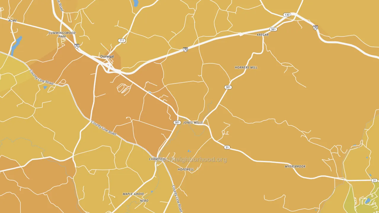 Map of the best neighborhoods in the Jones Mills area, with better matches in green and worse matches in red