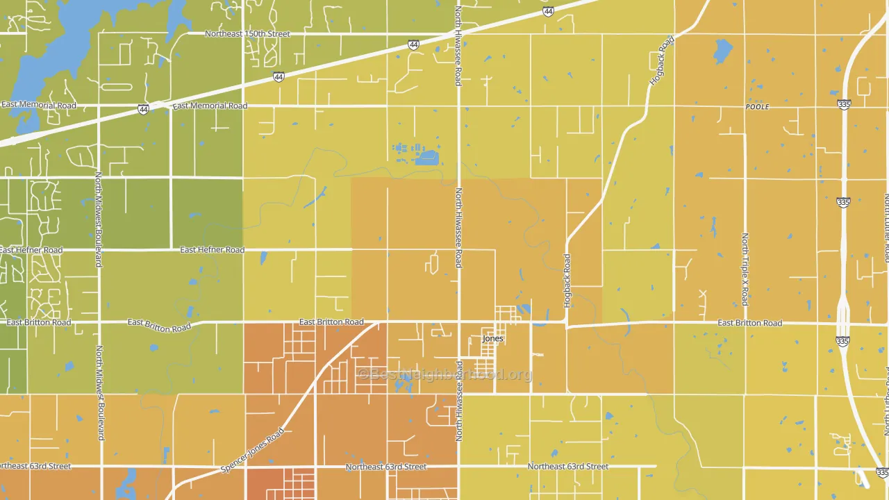 Map of the best neighborhoods in the Jones area, with better matches in green and worse matches in red