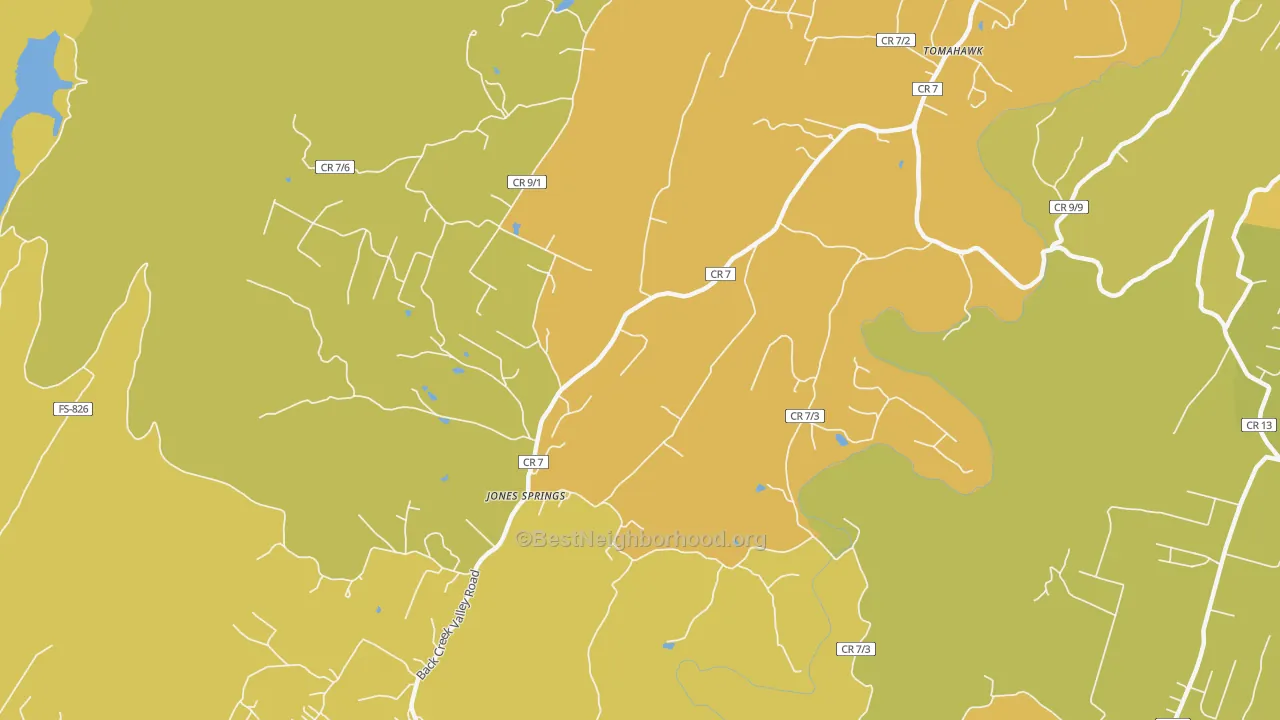 Map of the best neighborhoods in the Jones Springs area, with better matches in green and worse matches in red