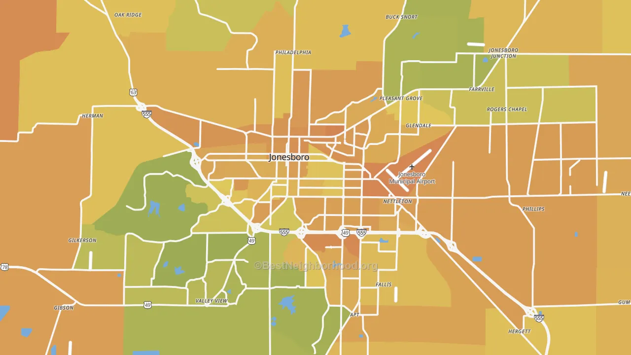 Map of the best neighborhoods in the Jonesboro Metro area, with better matches in green and worse matches in red