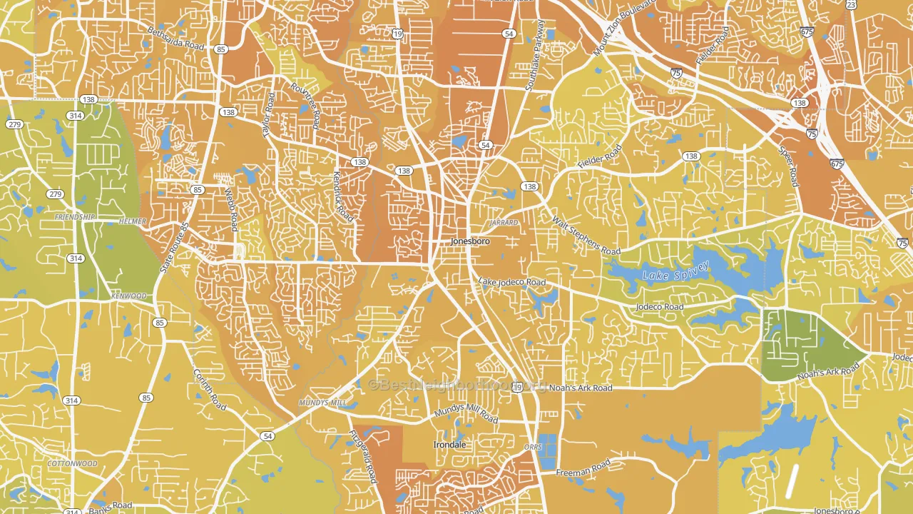 Map of the best neighborhoods in the Jonesboro area, with better matches in green and worse matches in red