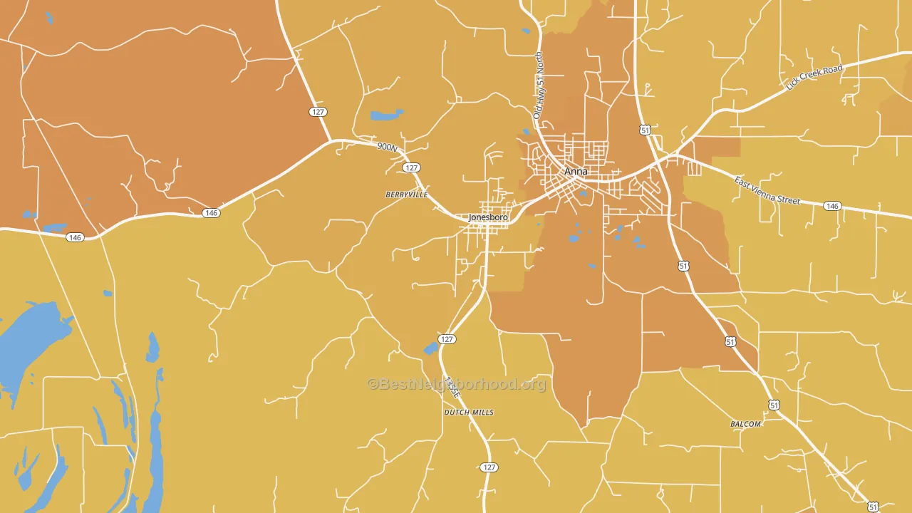 Map of the best neighborhoods in the Jonesboro area, with better matches in green and worse matches in red