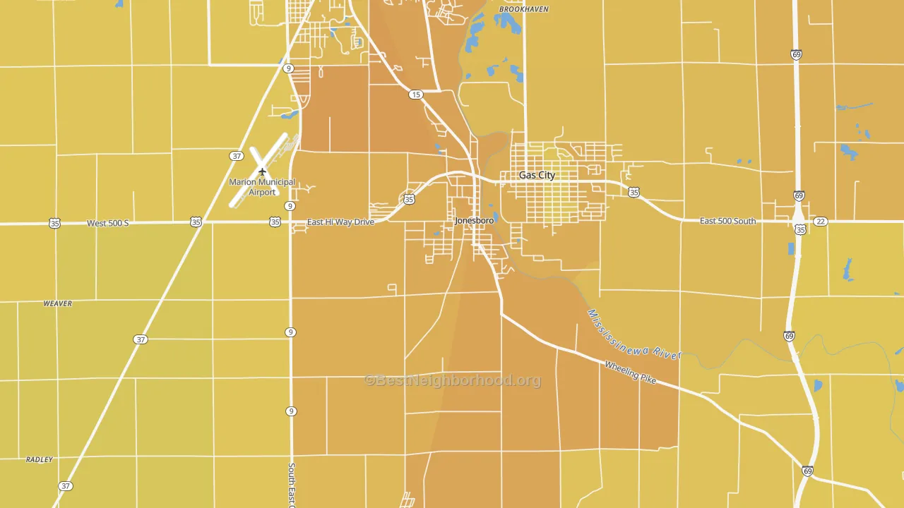 Map of the best neighborhoods in the Jonesboro area, with better matches in green and worse matches in red