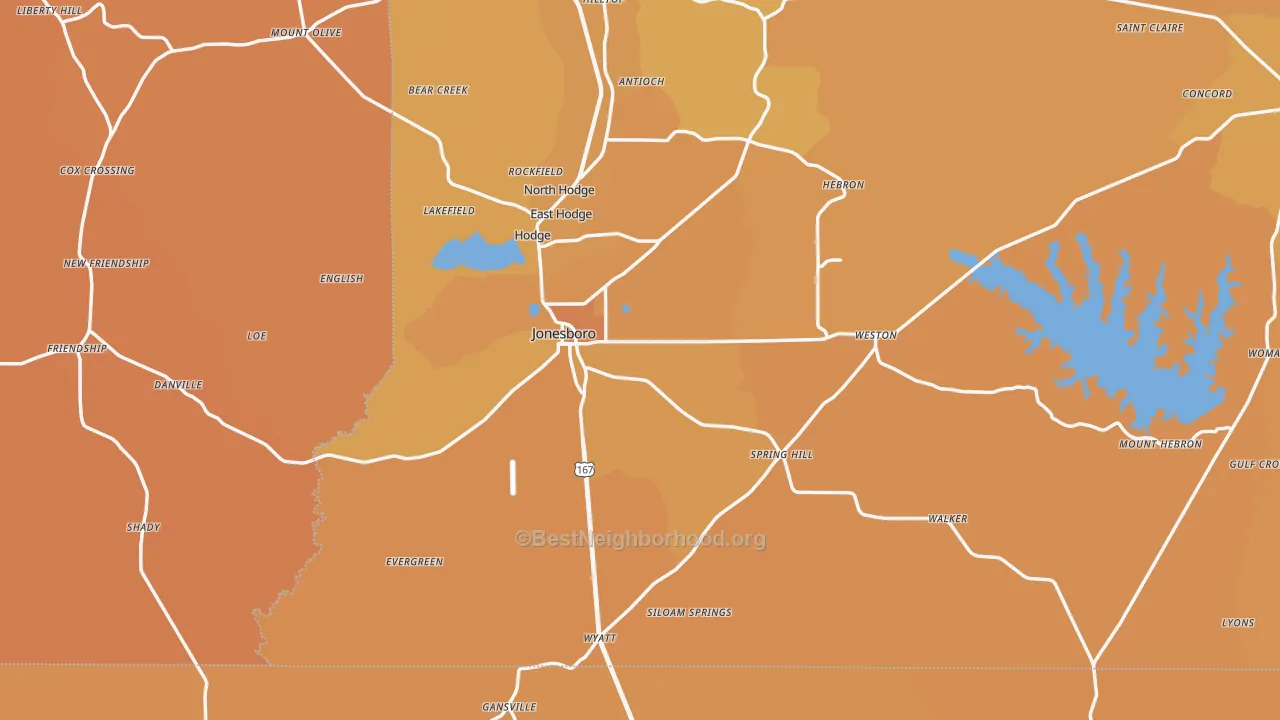 Map of the best neighborhoods in the Jonesboro area, with better matches in green and worse matches in red