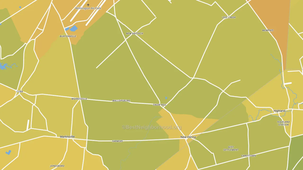 Map of the best neighborhoods in the Jonesboro area, with better matches in green and worse matches in red