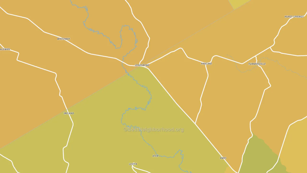 Map of the best neighborhoods in the Jonesboro area, with better matches in green and worse matches in red