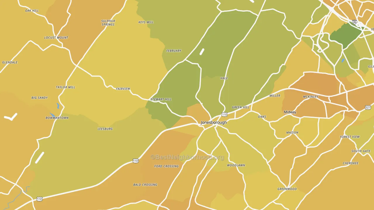Map of the best neighborhoods in the Jonesborough area, with better matches in green and worse matches in red