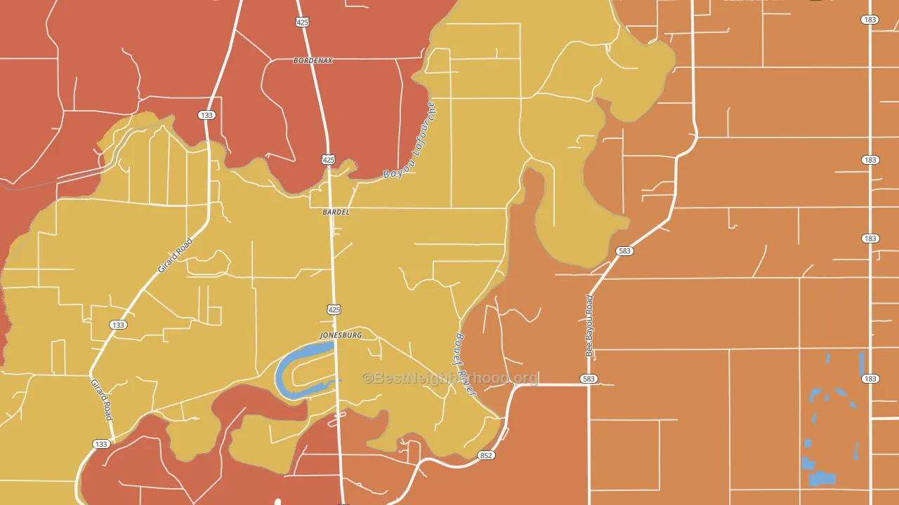 Map of the best neighborhoods in the Jonesburg area, with better matches in green and worse matches in red