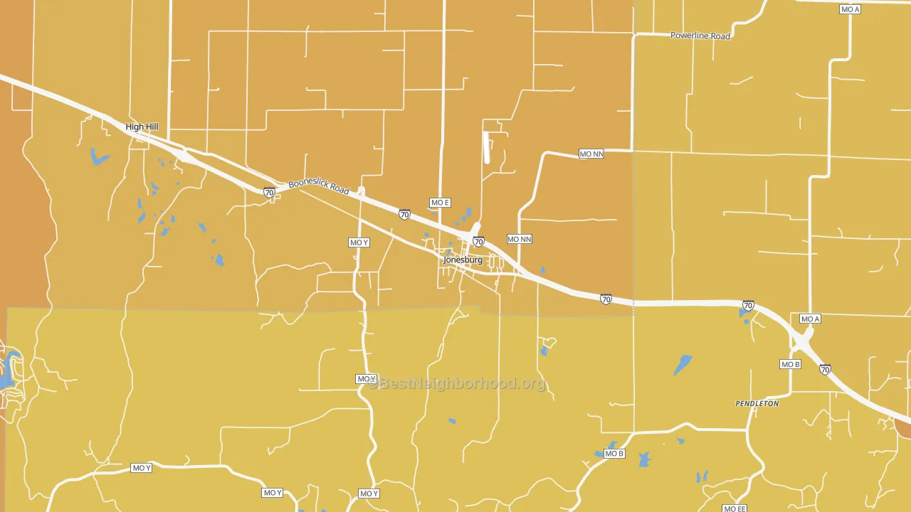 Map of the best neighborhoods in the Jonesburg area, with better matches in green and worse matches in red