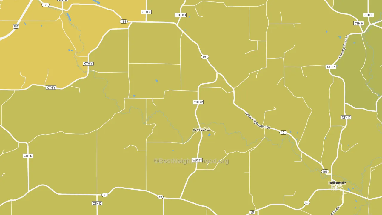 Map of the best neighborhoods in the Jonesdale area, with better matches in green and worse matches in red