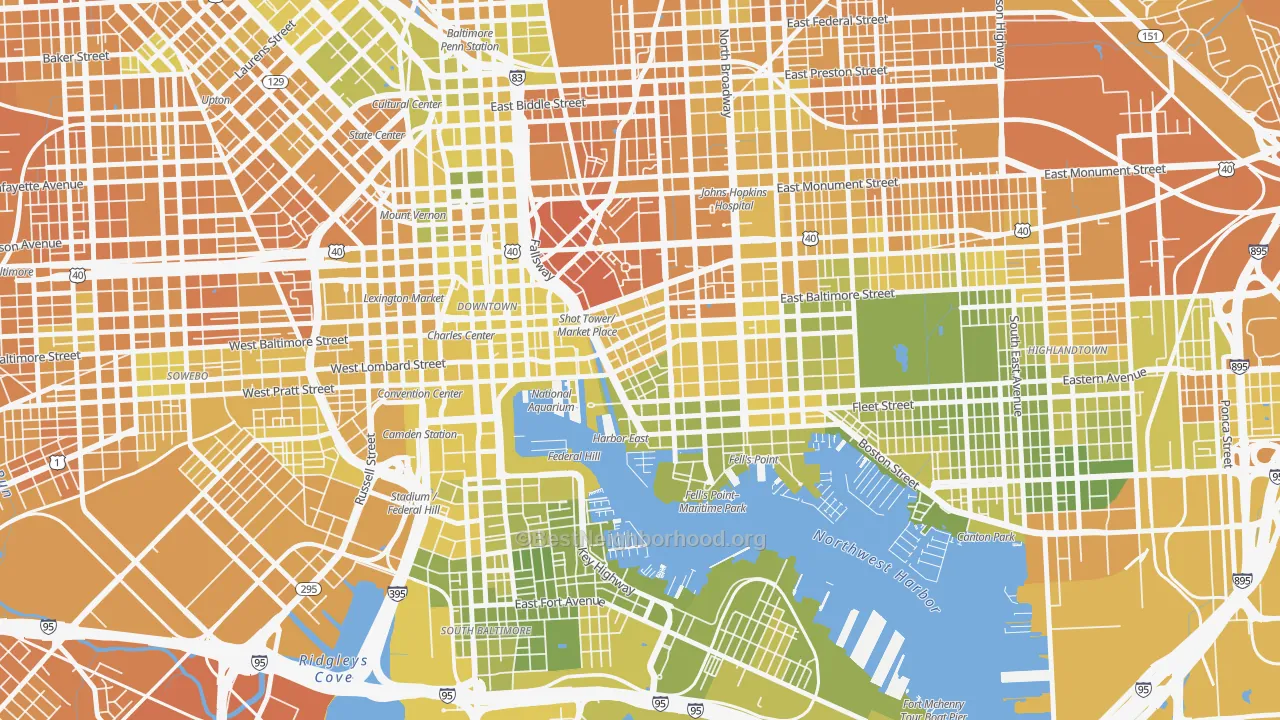 Map of the best neighborhoods in the Jonestown, Baltimore area, with better matches in green and worse matches in red
