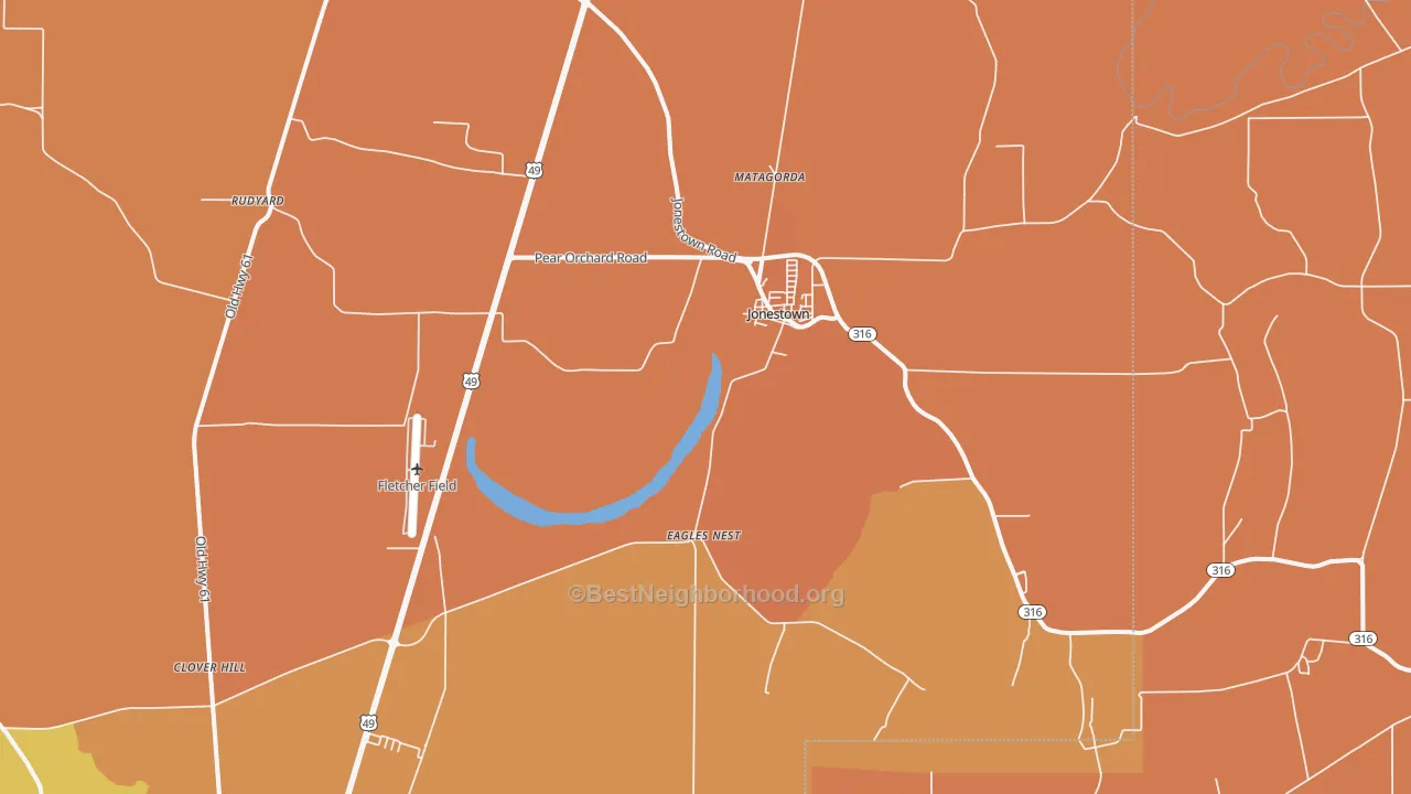 Map of the best neighborhoods in the Jonestown area, with better matches in green and worse matches in red