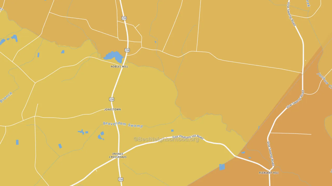 Map of the best neighborhoods in the Jonestown area, with better matches in green and worse matches in red