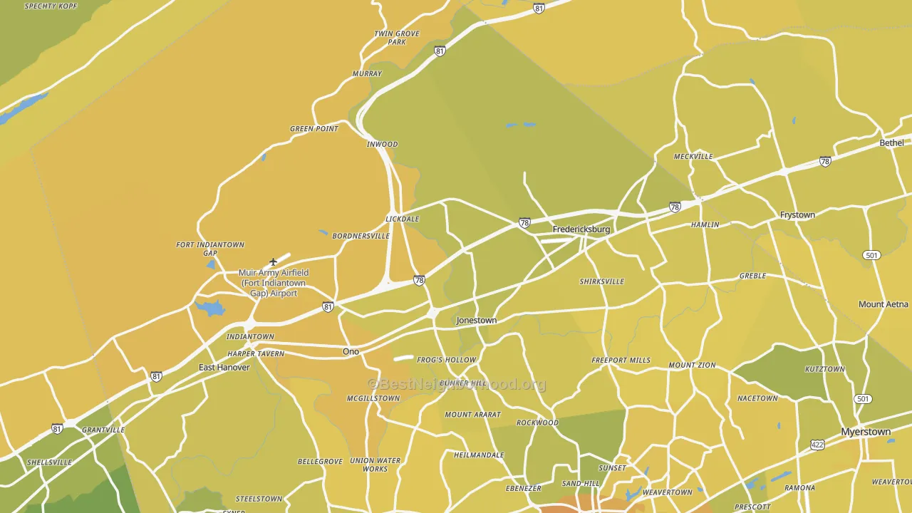 Map of the best neighborhoods in the Jonestown area, with better matches in green and worse matches in red