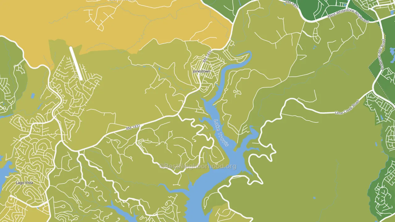 Map of the best neighborhoods in the Jonestown area, with better matches in green and worse matches in red