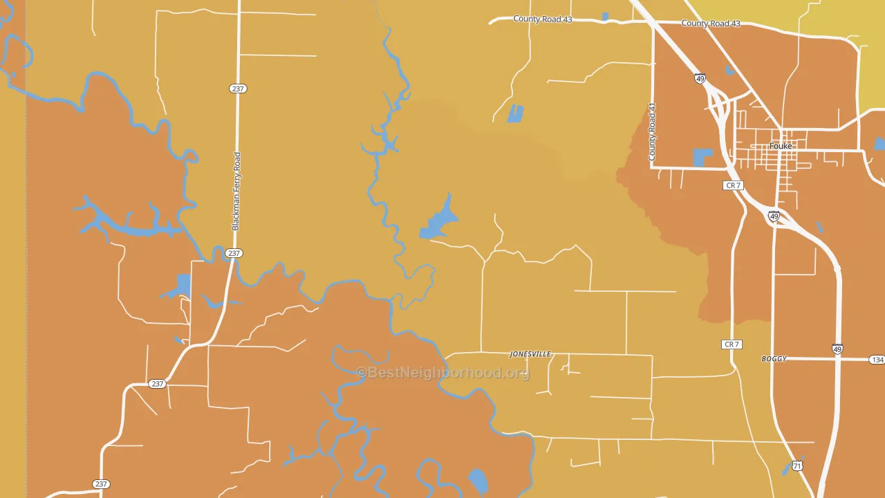 Map of the best neighborhoods in the Jonesville area, with better matches in green and worse matches in red