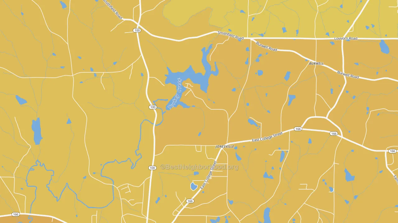 Map of the best neighborhoods in the Jonesville area, with better matches in green and worse matches in red