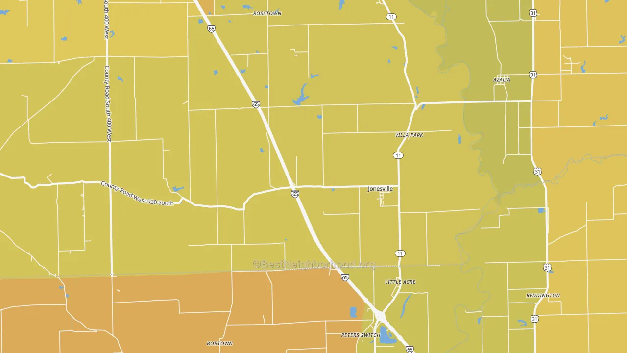 Map of the best neighborhoods in the Jonesville area, with better matches in green and worse matches in red