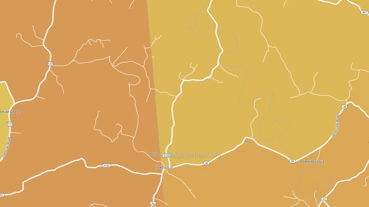 Map of the best neighborhoods in the Jonesville area, with better matches in green and worse matches in red