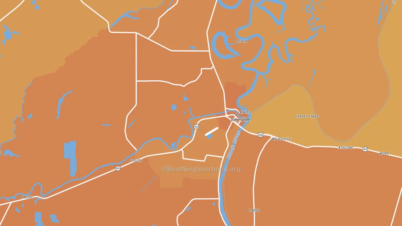 Map of the best neighborhoods in the Jonesville area, with better matches in green and worse matches in red