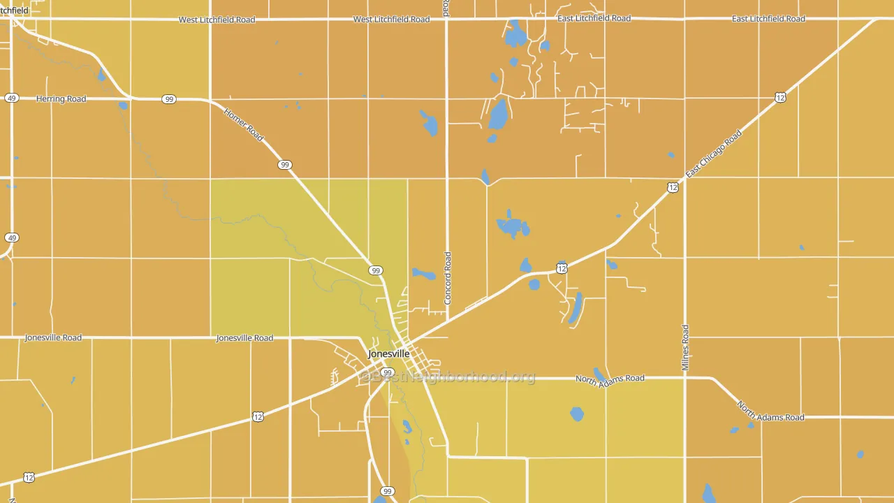 Map of the best neighborhoods in the Jonesville area, with better matches in green and worse matches in red