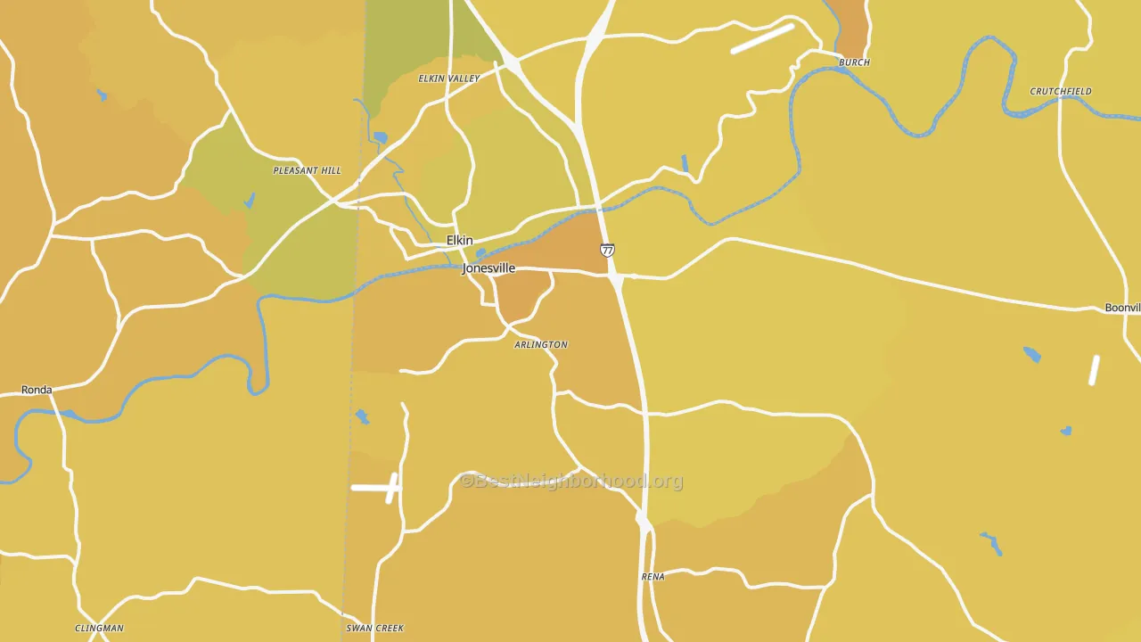 Map of the best neighborhoods in the Jonesville area, with better matches in green and worse matches in red