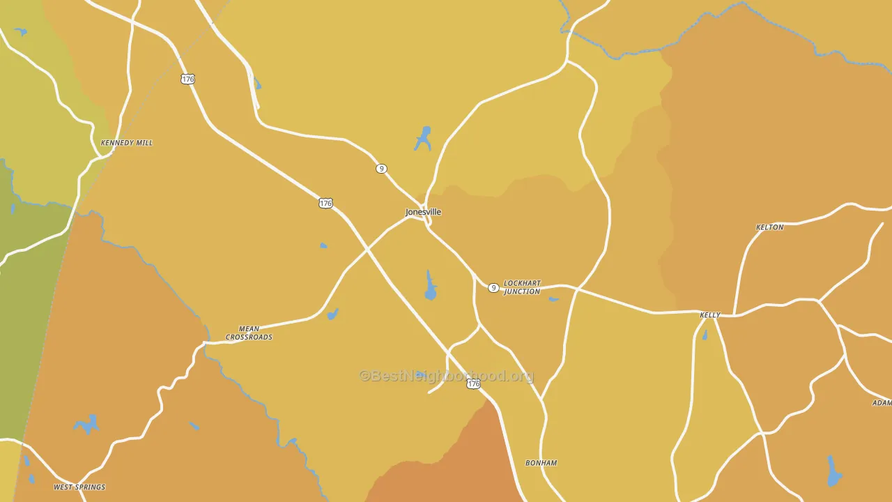 Map of the best neighborhoods in the Jonesville area, with better matches in green and worse matches in red