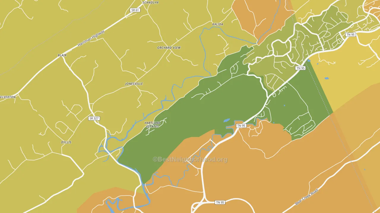 Map of the best neighborhoods in the Jonesville area, with better matches in green and worse matches in red