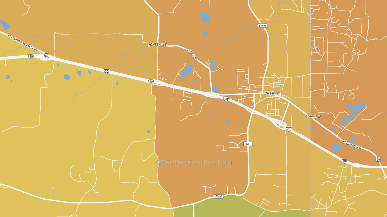Map of the best neighborhoods in the Jonesville area, with better matches in green and worse matches in red