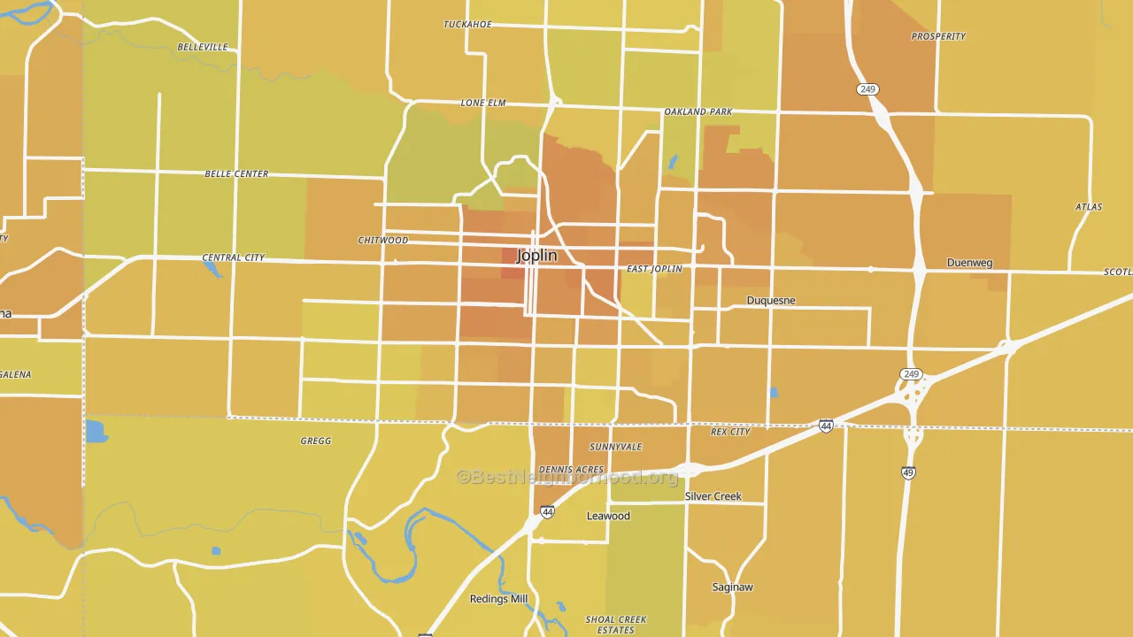 Map of the best neighborhoods in the Joplin Metro area, with better matches in green and worse matches in red