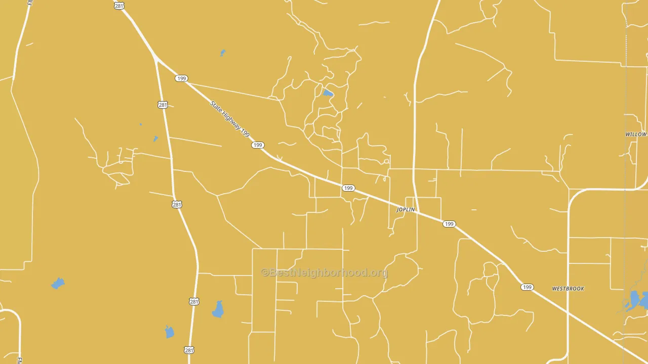 Map of the best neighborhoods in the Joplin area, with better matches in green and worse matches in red