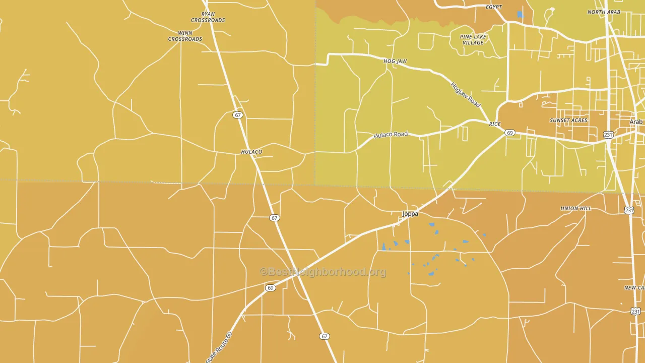 Map of the best neighborhoods in the Joppa area, with better matches in green and worse matches in red