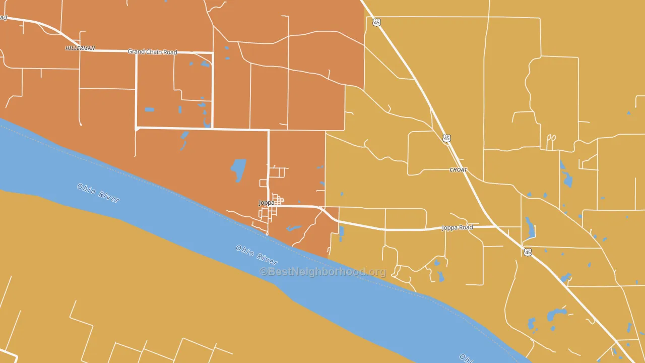 Map of the best neighborhoods in the Joppa area, with better matches in green and worse matches in red