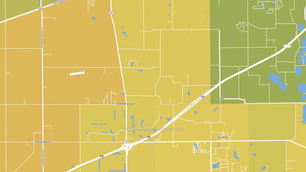 Map of the best neighborhoods in the Joppa area, with better matches in green and worse matches in red